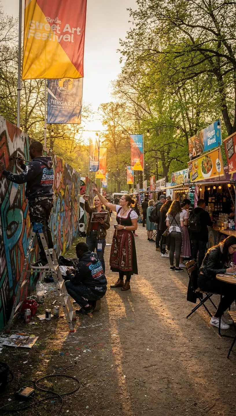 Reisende, die komfortabel ein kulturelles Festivalgelände betreten, begleitet von Reiseleitern und Koordinatoren